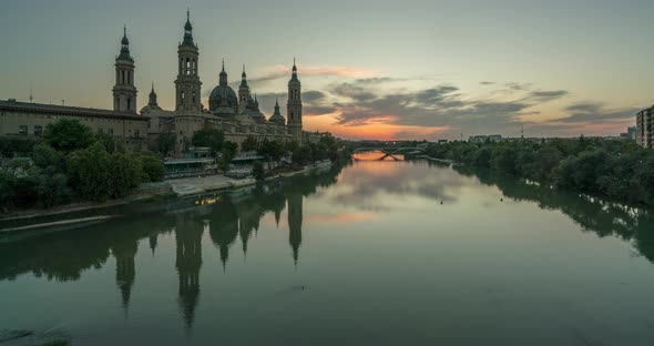  Timelapse View of Basilica of Our Lady of the Pillar in Zaragoza During Colorful Sunset, Spain