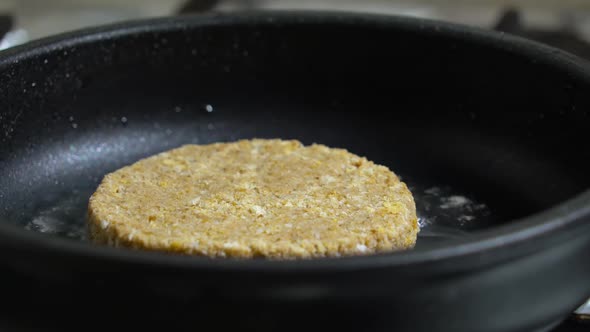 Close-up of Beef Cutlet, for Burger, Fried in a Pa