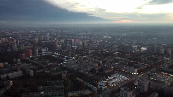 Aerial Kharkiv city center, epic sunset evening