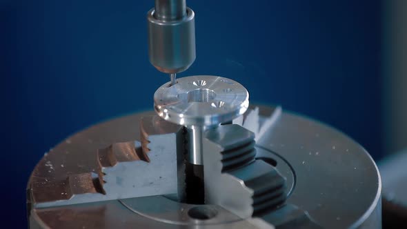 Cutting Metal Modern Processing Technology. Milling Machine Cutting the Sample Part. Turning Lathe alt