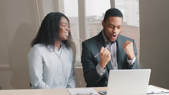 Happy Excited Young African American Office Workers Receive Special Commercial Offer Fantastic News alt
