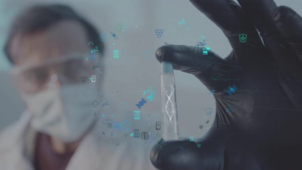 A Computer Graphic of a Rotating DNA Scheme in an Ampoule Around Which Symbols of World Ideas alt