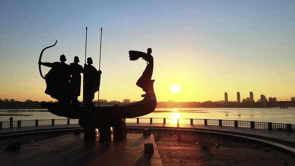 Kyiv, Ukraine - a Monument To the Founders of the City in the Morning at Dawn. Aerial alt