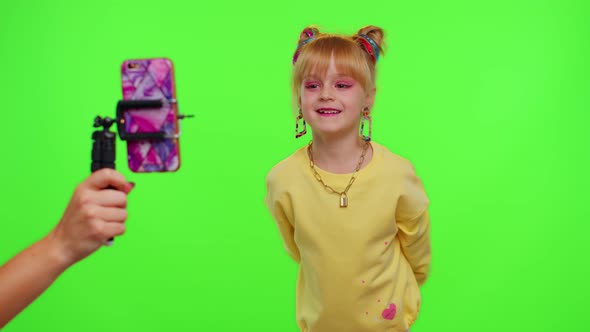 Stylish Kid Girl Making Trendy Dance Video for Social Media Network Child Dancing Funny Blogger alt