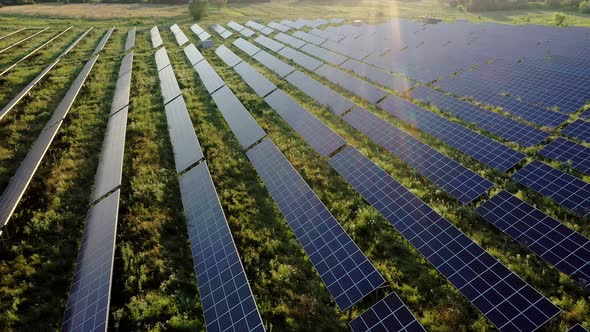 View of a solar power plant, rows of solar panels, solar panels, top ...