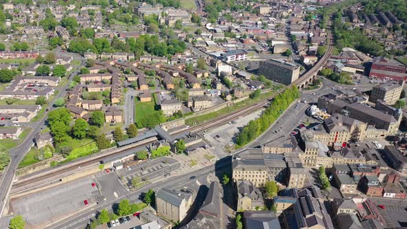 Aerial footage of the town centre of Dewsbury in West Yorkshire in the UK