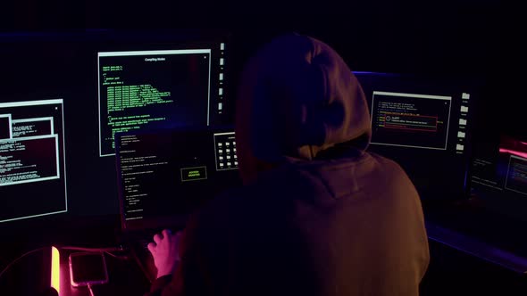 A Hacker Hacks a Website Against the Backdrop of Police Flashing Lights alt