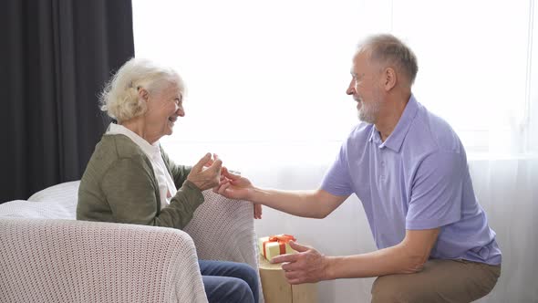Elderly Man Smiles and Gives a Gift Box To His Surprised Wife Who Is Sitting at Home in Her alt