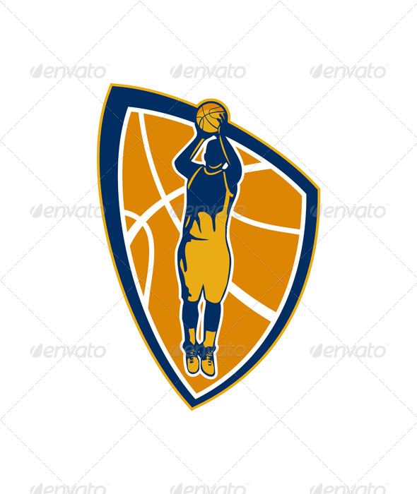 Basketball Player Jump Shot Retro Shield - Sports/Activity Conceptual