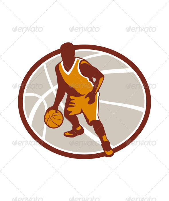 Basketball Player Dribbling Ball Oval Retro - Sports/Activity Conceptual