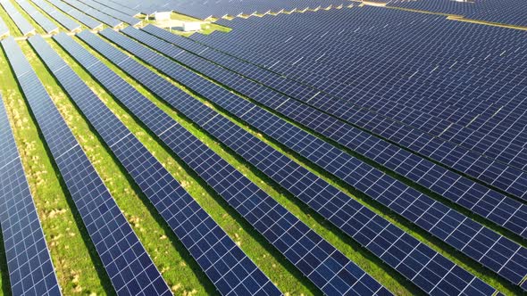 Aerial Drone View Flight Over Solar Power Station Panels alt