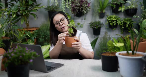 woman sell plant online laptop alt