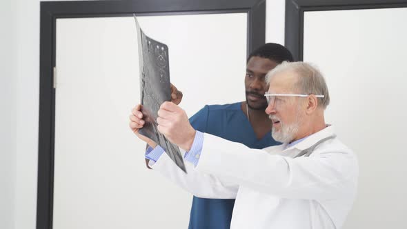 Two Doctors Looking At Computed Tomography Xray Image Discussing