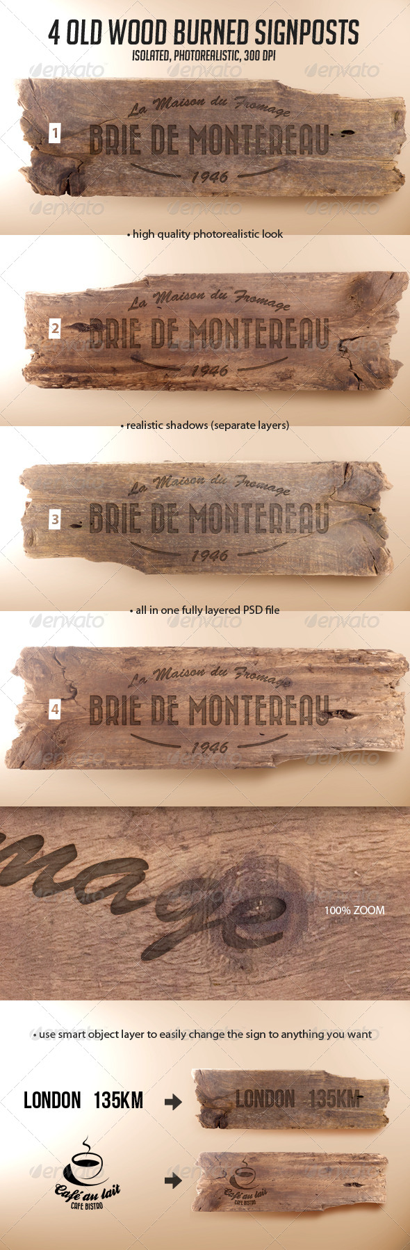 4 Old Wood Burned Signposts Boards Isolated Mockup - Miscellaneous Print