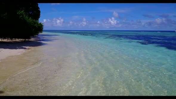 Aerial drone shot abstract of relaxing bay beach time by clear sea and white sand background of adve alt