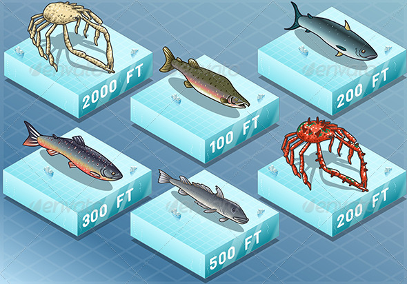 Isometric Fishes on the Sea - Animals Characters