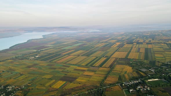 Aerial drone view of the Duruitoarea natural reservation in Moldova. River and fog in the air, hills alt