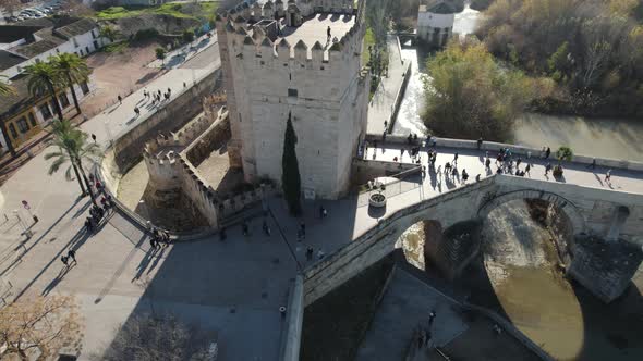 Torre De Calahorra medieval gate-tower and town museum; aerial tilt-up