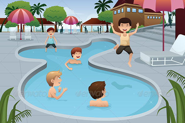 Kids Playing in an Outdoor Swimming Pool - Sports/Activity Conceptual