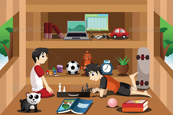 Boys Playing Inside a Tree House - People Characters