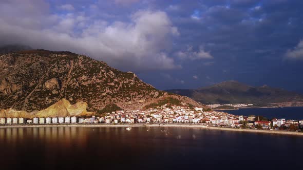 Scenery of Coastal Marine Town of Piers and Ships Located in Front of Egirdir Lake alt