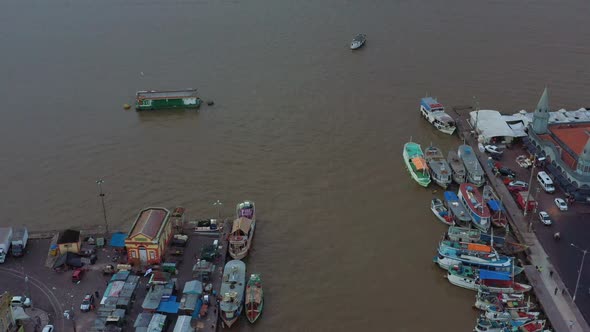 Wharf along the river in the city of Altamira, Brazil. Aerial birds eye view. alt