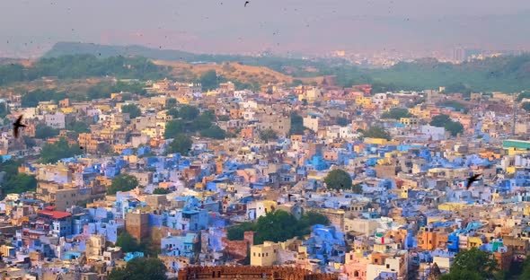 Houses of Famous Jodhpur the Blue City, View From Mehrangarh Fort, Rajasthan, India. Camera Zoom in alt