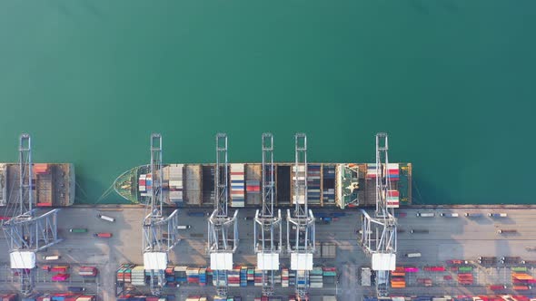 Aerial view port container terminal container ship in import export and business logistic.