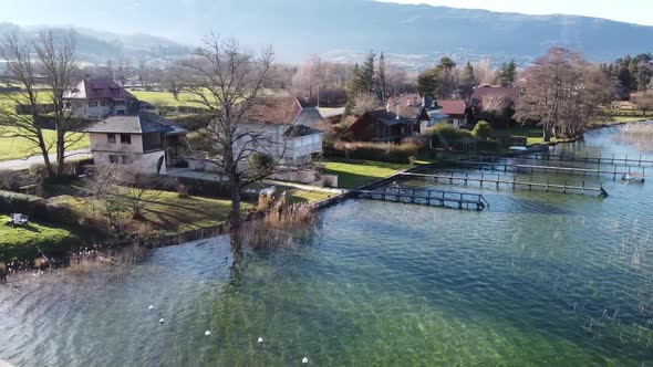 Panoramic Aerial View of Chateau De Duingt on Annecy Lake, France