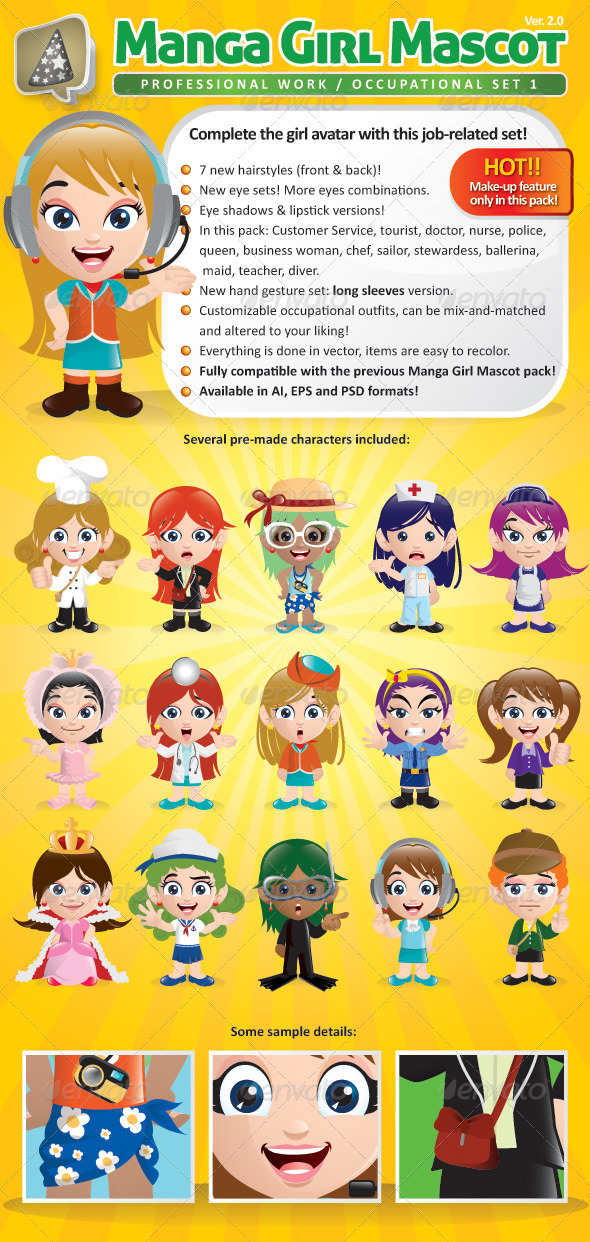 Manga Girl Mascot Creation Kit - Occupational Set - Characters Vectors