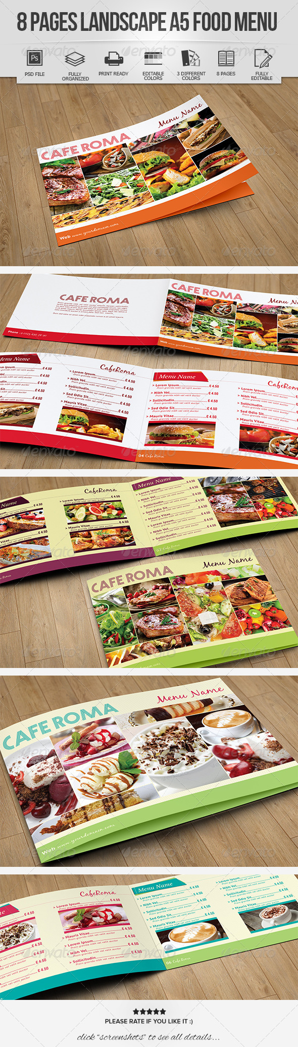 8 Pages Landscape A5 Food Menu - Food Menus Print Templates