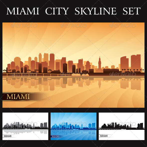 Miami City Skyline Silhouettes Set - Backgrounds Decorative