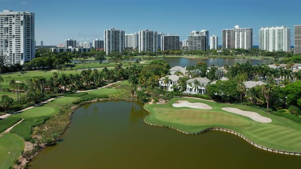 Miami Skyline, Florida, USA. Cinematic Aerial View of Green Golf Course ...