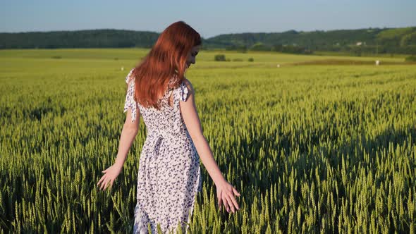 Ginger Woman Walking Through a Wheat Field at Sunset Touching Ears of Wheat alt