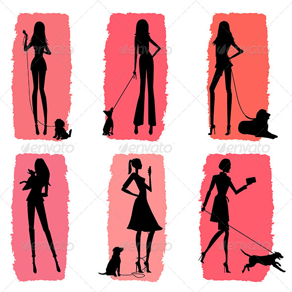 Women and Dogs Silhouettes - People Characters