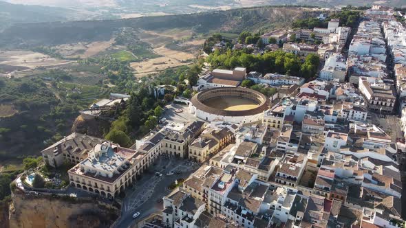Aerial drone view of Ronda village. Spain. Beautiful village on the cliff of the mountain.