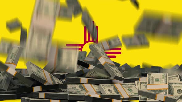 US Dollars Falling in front of New Mexico State Flag alt