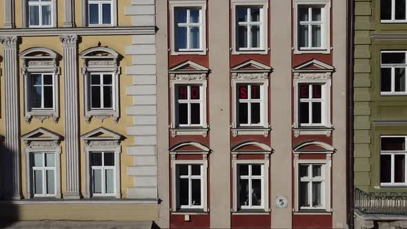 European city building. Elements of architecture. Aerial drone view. alt