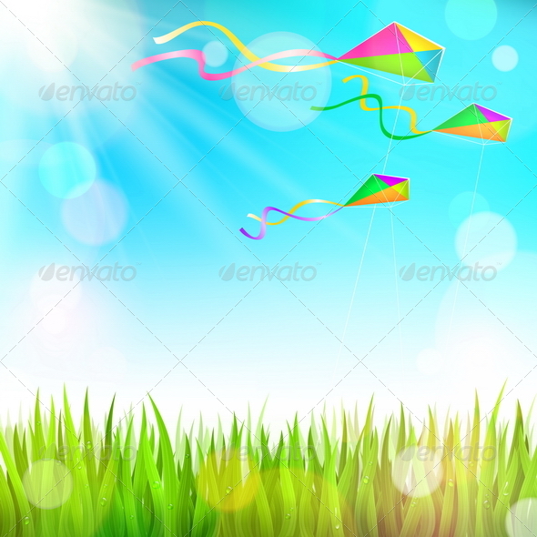 Summer Landscape and Colorful Kites - Sports/Activity Conceptual