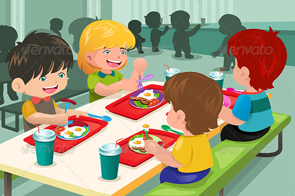 Elementary Students Eating Lunch in Cafeteria - People Characters