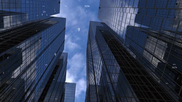 business towers, camera animation among high-rise buildings with blue reflective sky. alt
