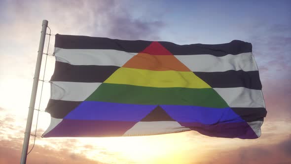 Straight Ally Pride Flag Waving in the Wind Sky and Sun Background alt