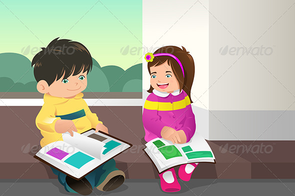 Kids Reading a Book - People Characters