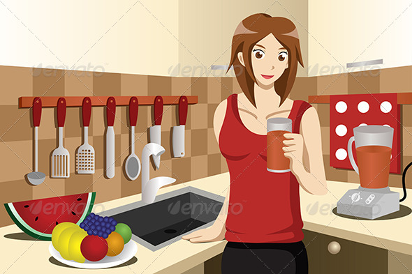 Healthy Woman Drinking Fruit Juice - People Characters