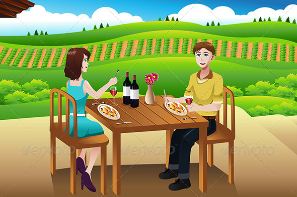 Couple Eating Lunch Picnic at a Winery - People Characters