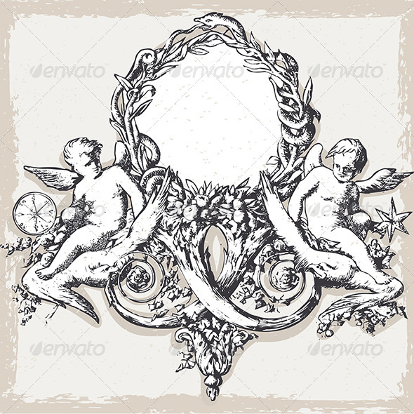 Vintage Floral Frame with Angels - Decorative Vectors
