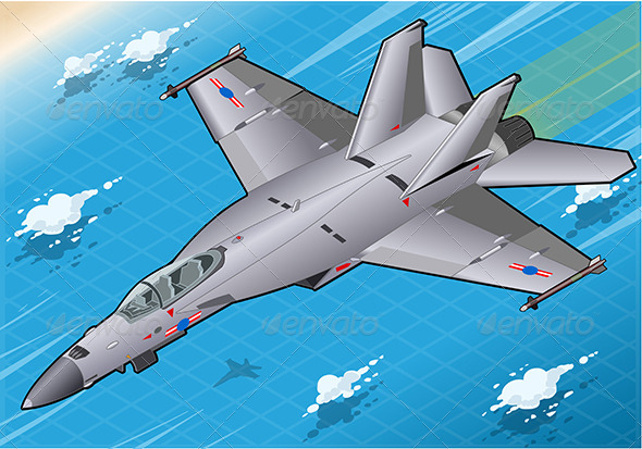 Isometric Fighter Bomber in Flight in Front View - Objects Vectors