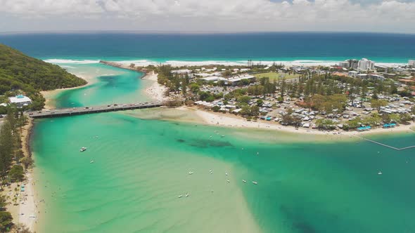 Aerial drone view of Tallebudgera Creek and beach on the Gold Coast, Queensland, Australia alt