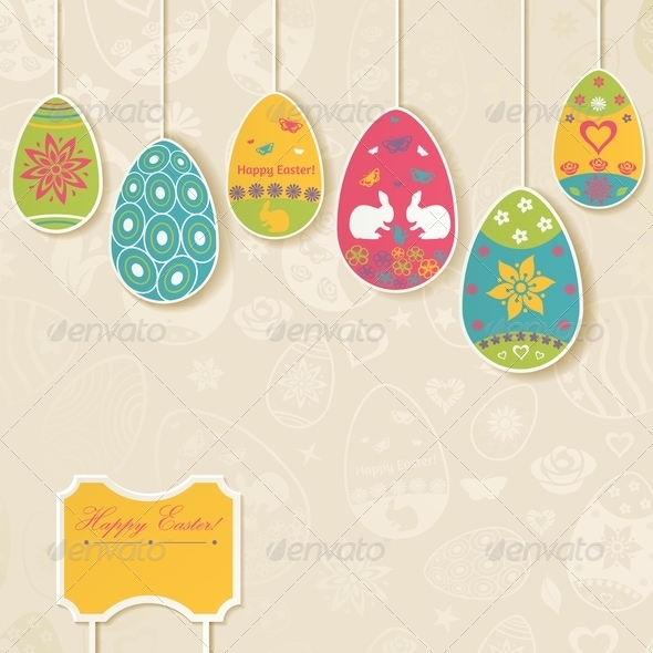 Easter Background with Eggs Hanging on Ropes - Miscellaneous Seasons/Holidays
