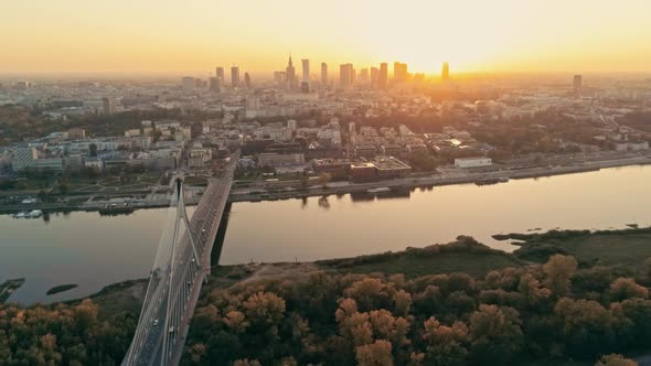 Establishing Aerial Panoramic Shot of Warsaw Cityscape with Bridge and Downtown